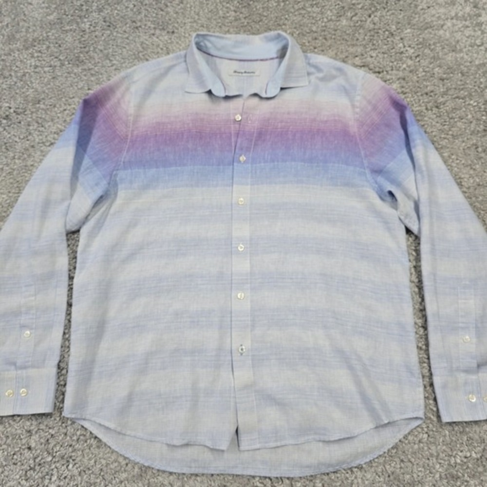 Tommy Bahama Ombre Stripe Shirt Mens Large Blue Purple Linen Blend Coastal